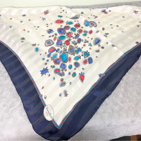 Revillon Paris Accessories - Revillon Paris Silk Scarf Jewels Print Cream and Navy Blue
